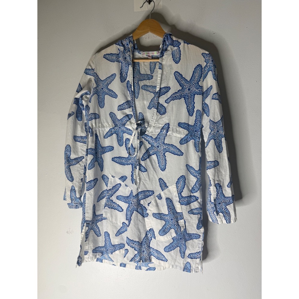 Barbara Gerwit Starfish Hooded Beach Cover Up Tunic Blue White Medium